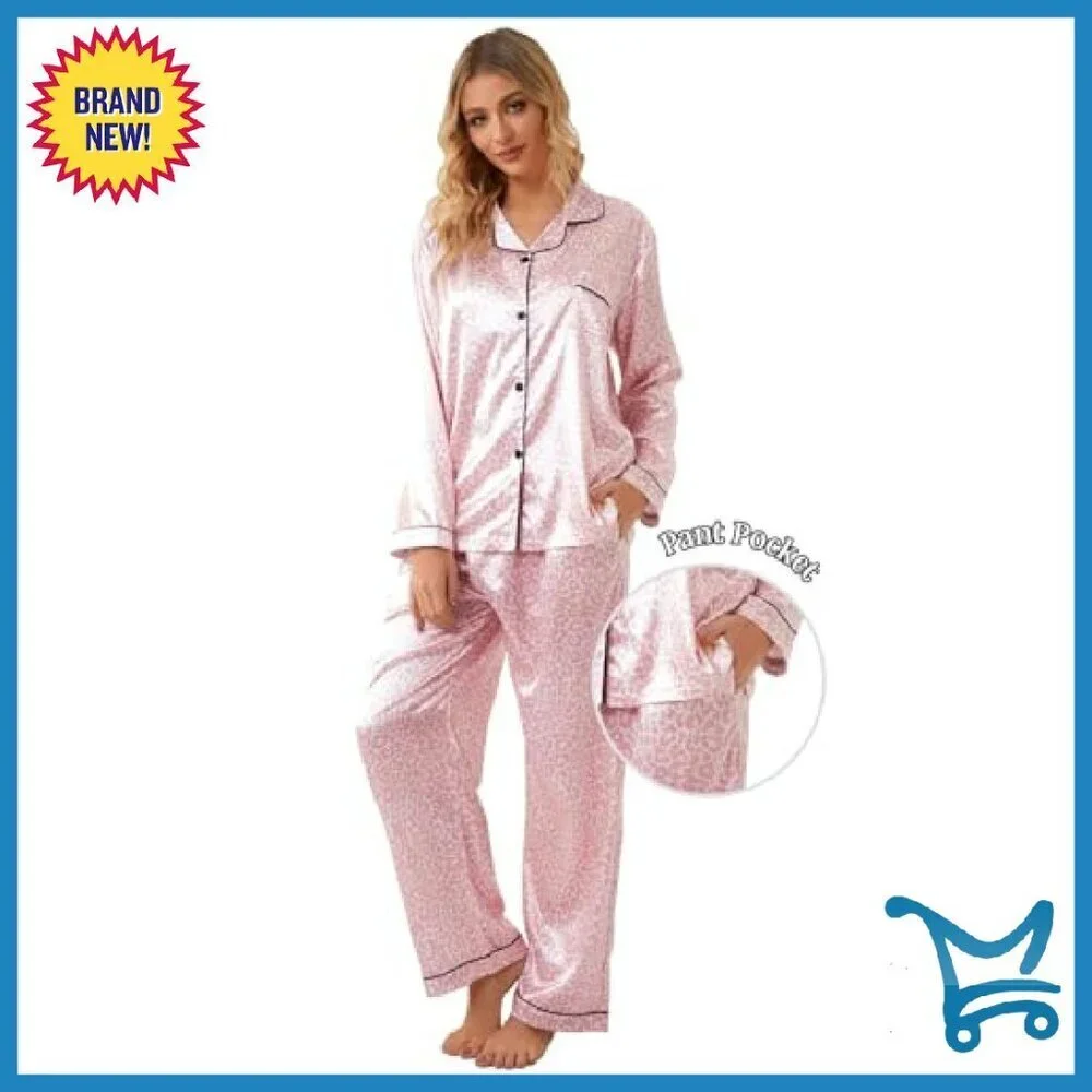 Satin Pajama Set, Button-Down Long Sleeve, Elastic Waist, Women's Sleepwear